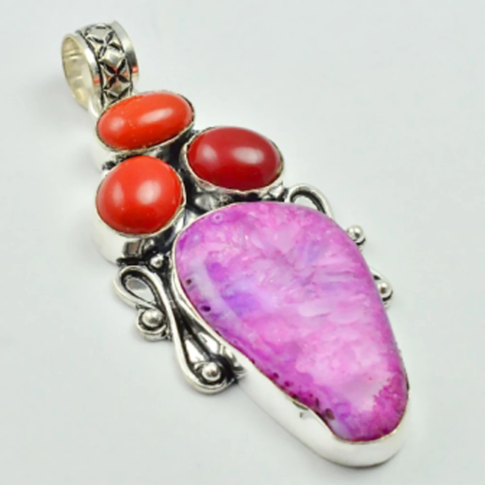 

Solar Quarts & Coral Pendant Silver Overlay over Copper , 65 mm, P3132
