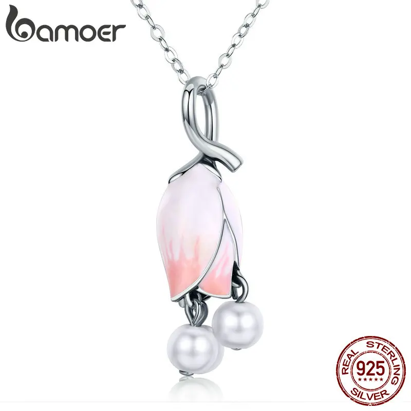 

BAMOER New Trendy Genuine 925 Sterling Silver Pink Convallaria Flower Pendant Necklace for Women Sterling Silver Jewelry SCN229