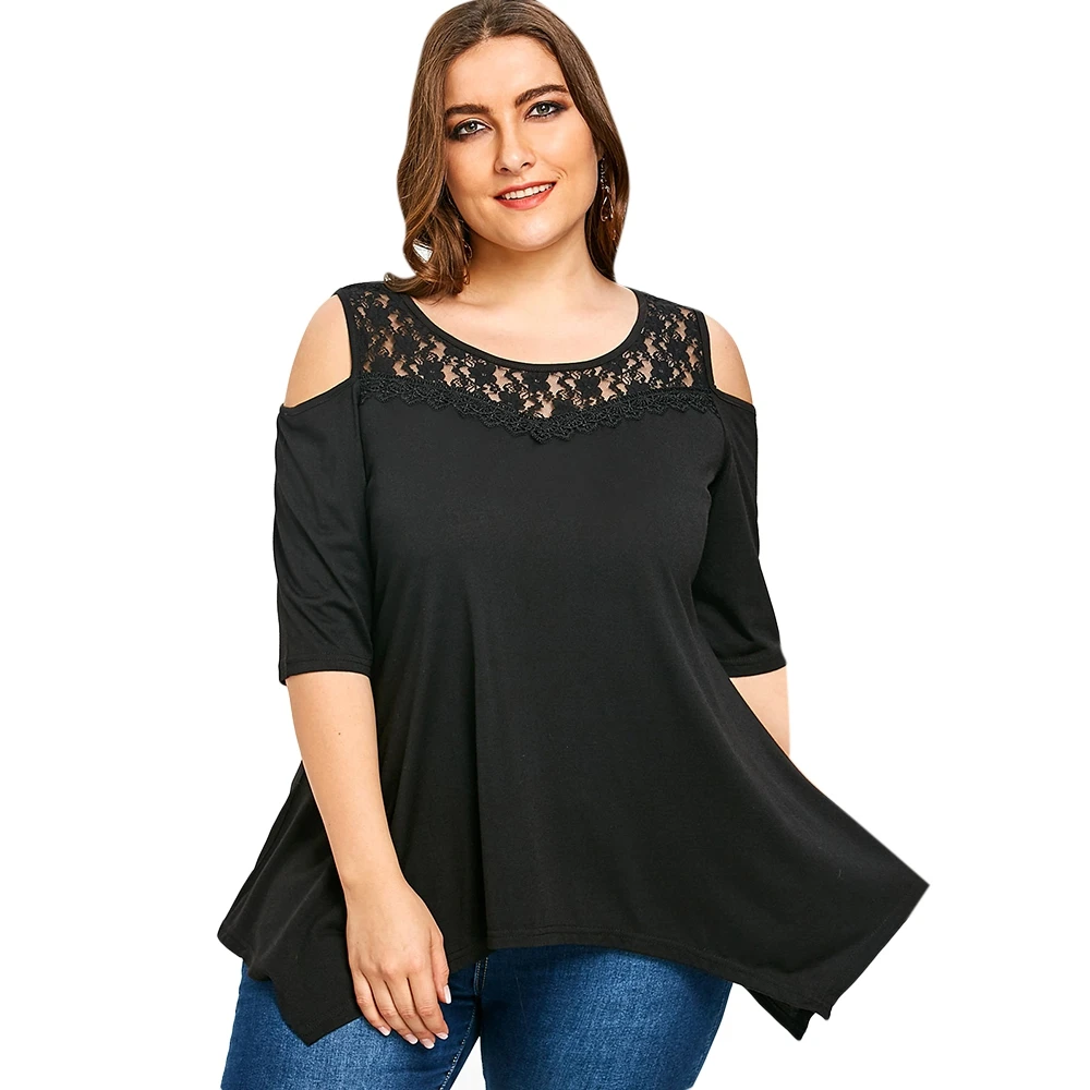 5XL Plus Size Cold Shoulder Lace Panel T shirt Women Black Irregular T