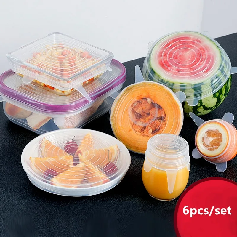

6pcs/set Reusable Silicone Wrap Food Fresh Keeping Wrap Kitchen Tools Silicone Food Wrap Seal Lid Cover Stretch Tools