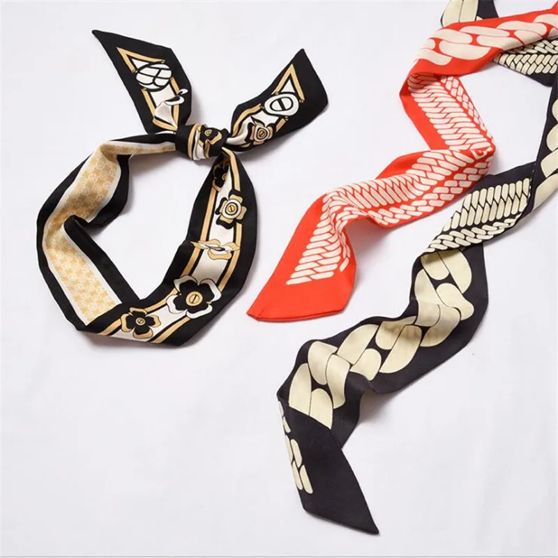 New Women Skinny Scarf Faux Silk Wrap Chain Floral Patchwork Print Bag Handle Ribbons Head Tie Band Neckerchief Scarves |