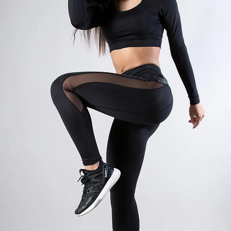 PU Leather Patchwork Yoga Leggings Breathable Mesh Splice Sports Pants Women Booty Push Up Leggings Black Running Tights