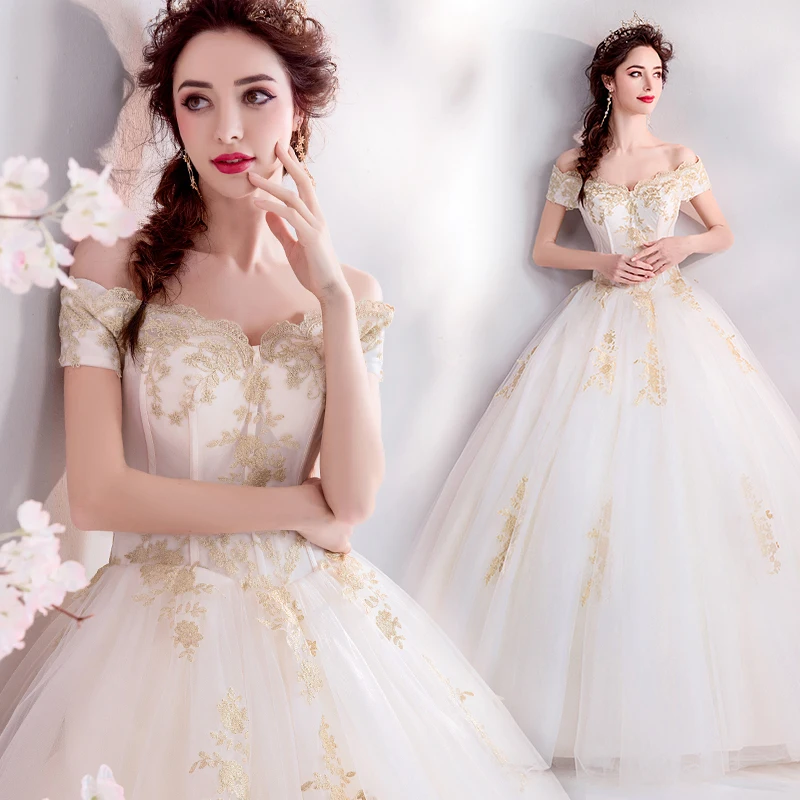 Hot Sale Ivory With Gold Appliques Full Length Wedding Dresses Off