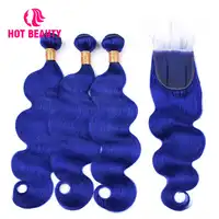 Hot Beauty Hair 3 Bundles with Closure Brazilian Hair Weave Bundles Body Wave Human Hair Bundles Remy Hair Dark Blue Color