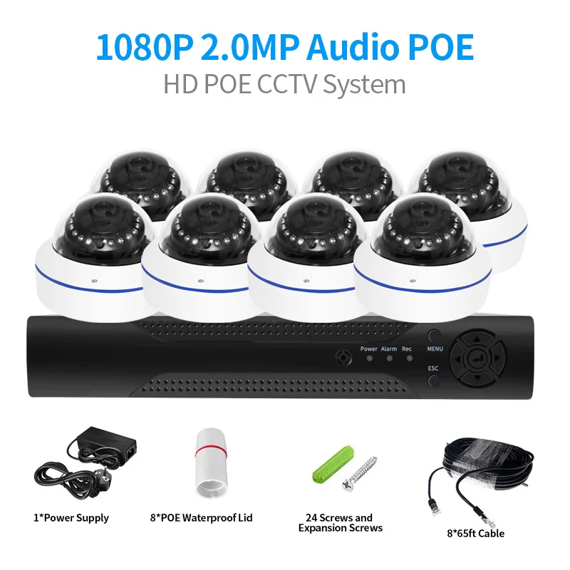 8CH POE NVR Kit 1080P CCTV System 2MP IP Camera Audio Record Waterproof Motion Detection Video Security Camera System