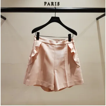 

2019 Spring New High-waisted Pure Color Lotus Leaf Lace Pocket Women Fake Zippers Knee Length Pants Women
