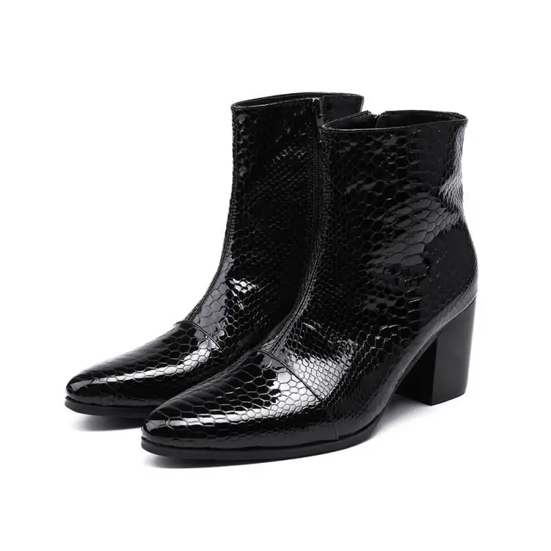 Mode Heel Schwarzes High Top Personalisierte Waden Errfc Patent Muster Schwarz Boot Designer Schuhe Leder Python Schlange Männer Mittlere 0gaTF