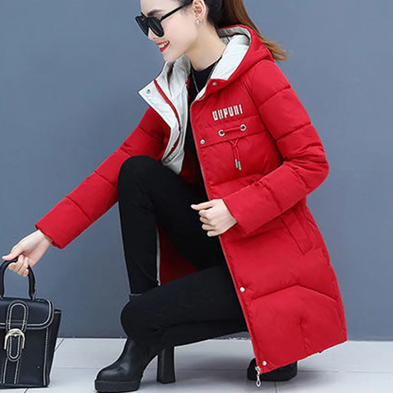 Vangull зимние женские парки повседневные куртки с капюшоном и длинным рукавом Осенние теплые длинные женские пальто с буквенным принтом верхняя одежда на молнии - Цвет: Red