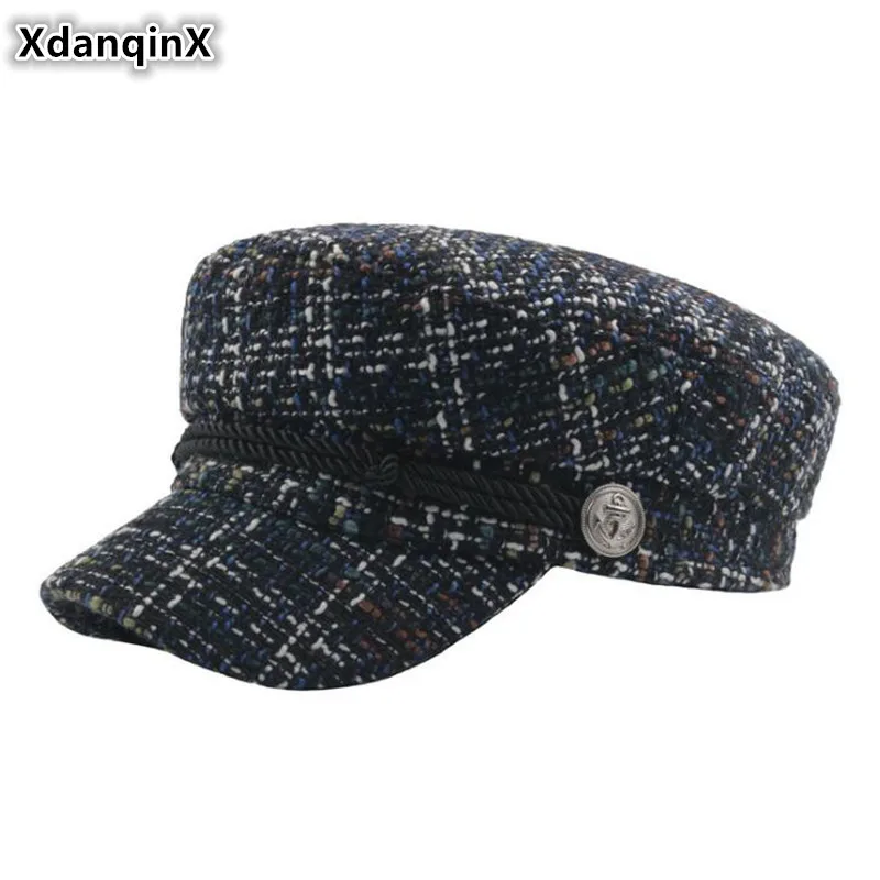 

XdanqinX 2019 New Style Women's Cap Elegant Military Hat Autumn Winter Fashion Knit Hat Button Rope Decorated Flat Cap For Women