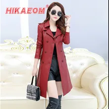 Новинка Осень-зима, женские кожаные куртки, двубортное пальто, искусственная кожа, куртка средней длины, Тренч, верхняя одежда, распродажа