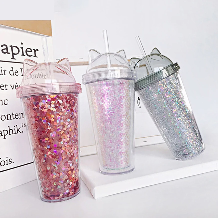 

420ml Double Layer Sequin Water Bottle Summer Cute Cat Ear Lid Straw Cup Milk Juice Coffee Drink Bottle Chic Plastic Drinkware