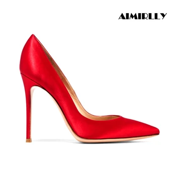 

Women Stiletto Pointed Toe High Heel Pumps Satin Red Wedding Evening Dress Shoes Handmade Wholesale