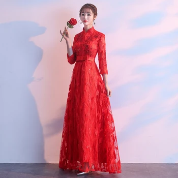 

2020 Winter Women Red Wedding Dress Elegant Slim Evening Party Dresses Vintage Cheongsam Mandarin Collar Banquet Qipao Vestidos