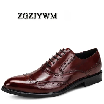 

ZGZJYWM Breathable Men Business Lace-Up Black/Red Carved Pointed Toe Formal Dress Genuine Leather Wedding Oxfords Office Shoes