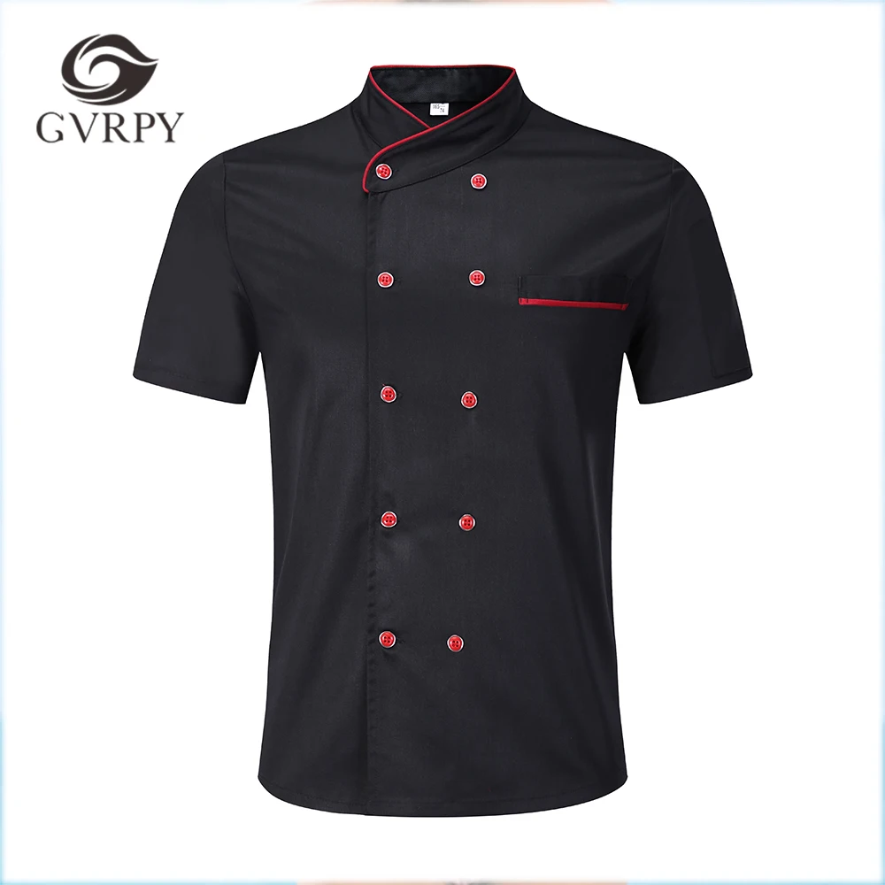 

Wholesale Black White Unisex Kitchen Chef Uniform Short Sleeve Double Breasted Cook Wear Chef Jacket & Apron Bakery Food Service