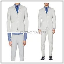 Высокое качество шерсть светло-серый зазубренный лацкан один vent патч карман из двух частей пальто брюки мужской костюм