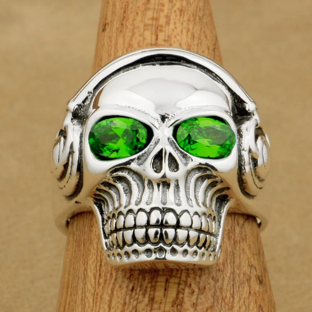 Зеленый CZ глаза стерлингового серебра 925 DJ череп кольцо студия музыкальные наушники 8Y811A