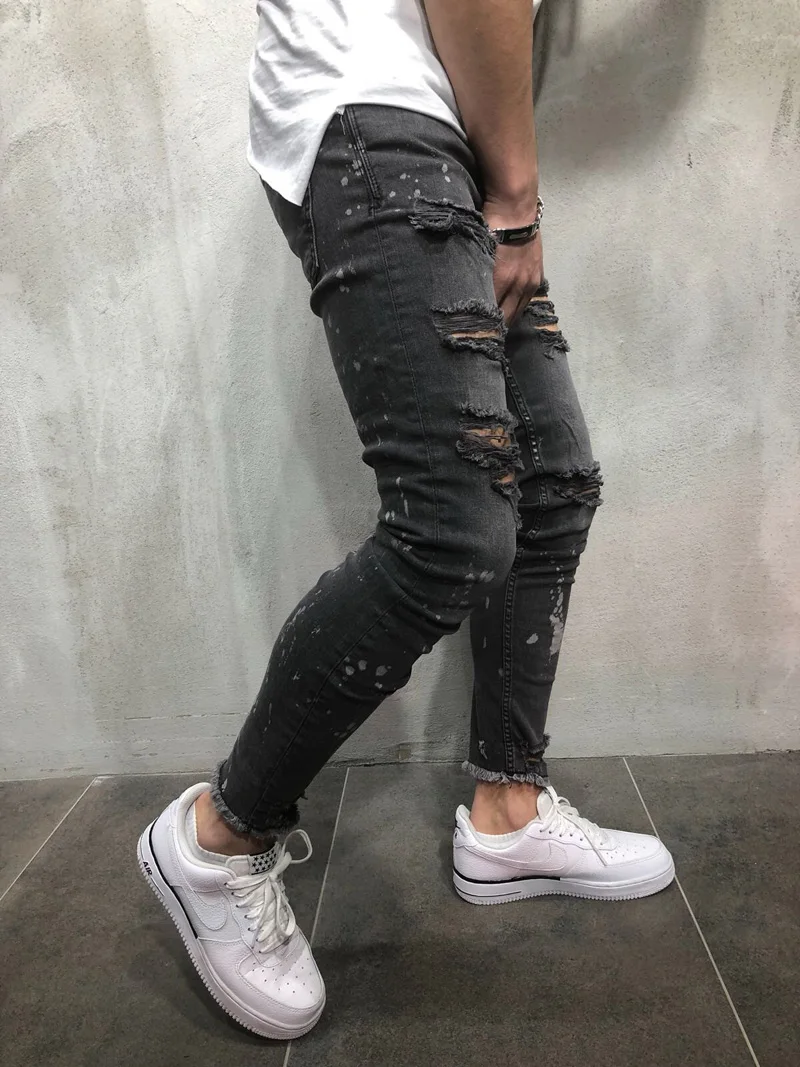 Для мужчин s Hipster обтягивающие джинсы 2018 Фирменная Новинка Хип-хоп проблемных Рваные джинсы брюки Для мужчин Slim Fit мотоциклетные байкерские