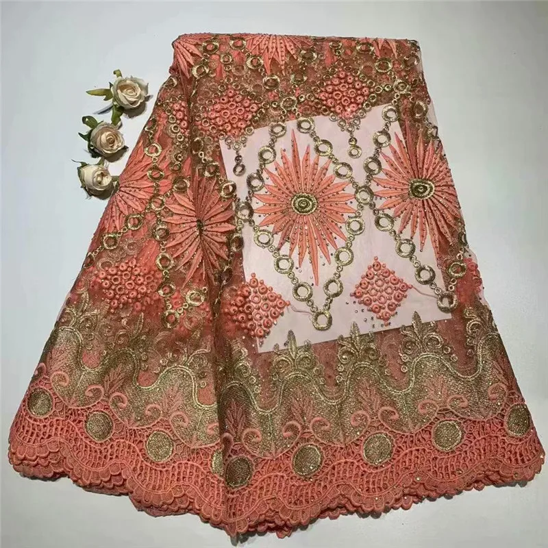 

French Nigerian lace fabrics 2019 Hot sale African tulle lace fabric with stones Gold embroidery tulle lace fabric df65-1472
