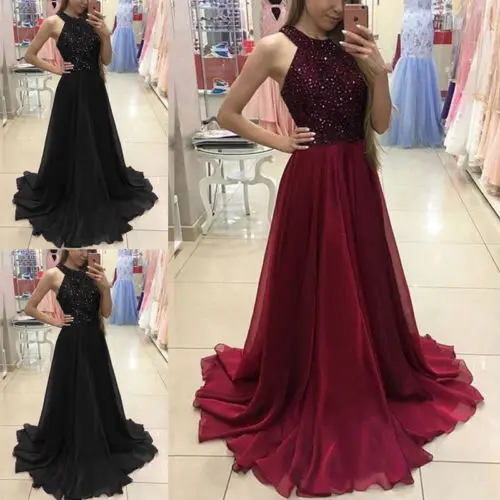 

Women Ladies Formal Sequins Halter Dress Sleeveless Floor-Length Long Dress