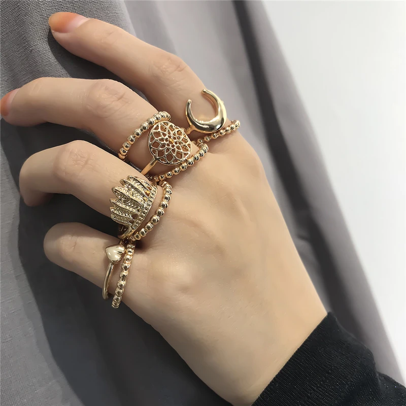 

MILOYOU 9 Pcs/Set Ethnic Rings Set for Women Gold Silver Color Heart Moon Shaped Female Rings Set Fashion Party Jewelry ML185