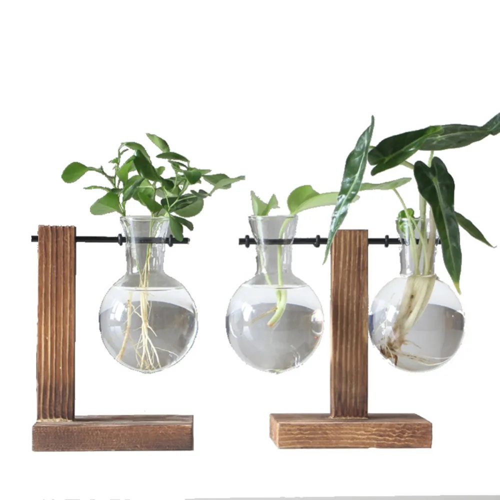 Стеклянная деревянная ваза для растений, настольный стол для террариума, гидропоника, бонсай, подвесной цветочный горшок с деревянным поддоном, украшение дома