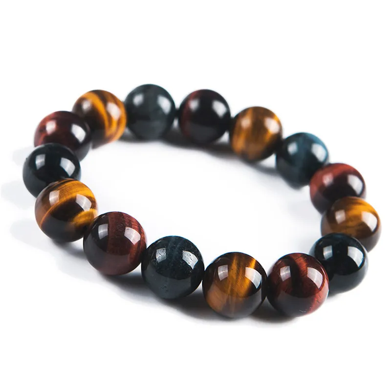 

Wholesales 14mm Bracelet Genuine Natural Colorful Tiger's Eye Gemstone Crystal Stretch Round Bead Bracelets For Women And Men