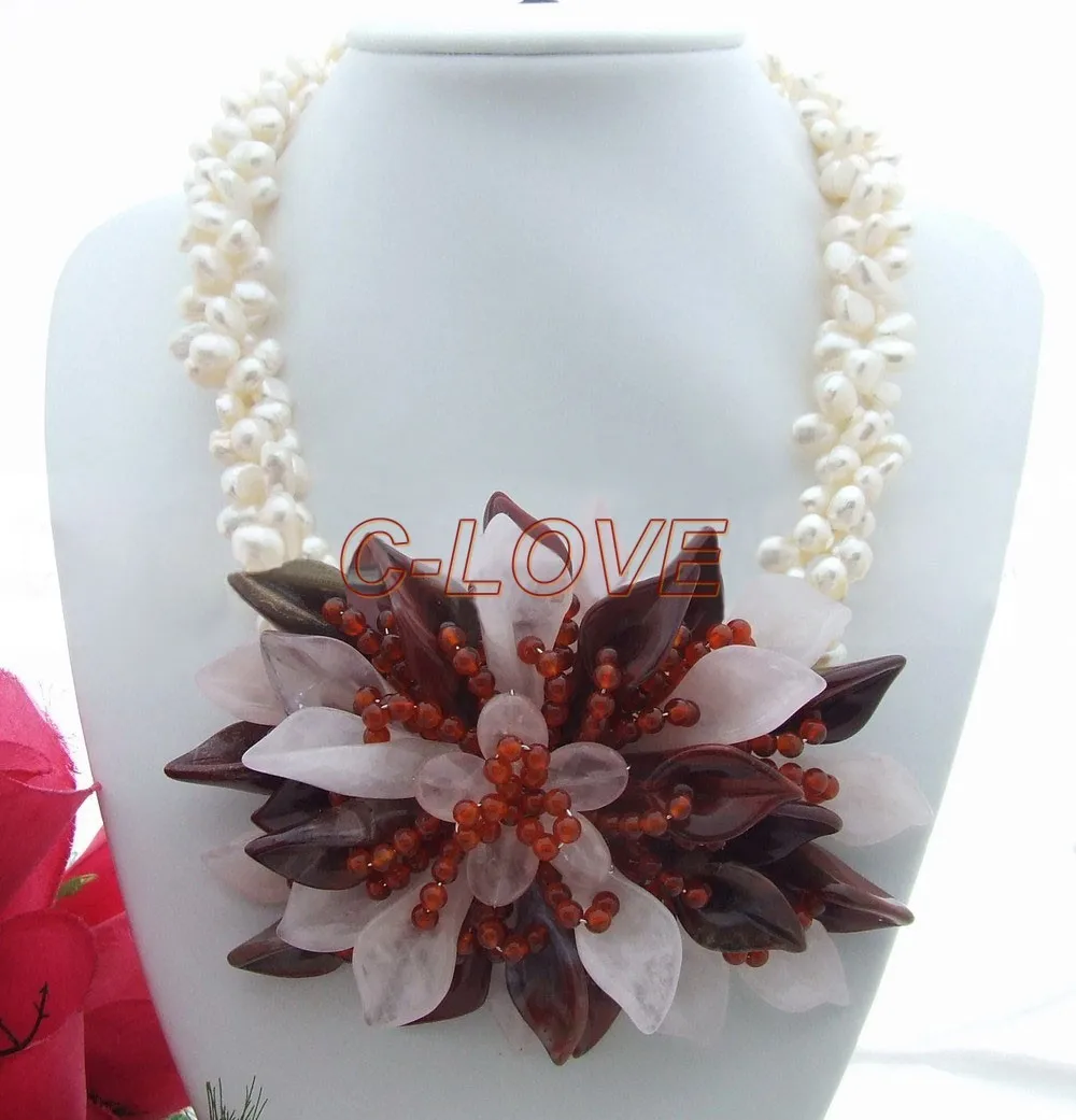 

3 strands Pearl&RoseCrystal&Carnelian Necklace