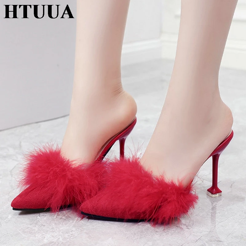 

HTUUA New Summer Shoes Women Fluffy Furry Fur Slippers Pointed Toe Sexy High Heels Slides Outside Ladies Thin Heel Sandal SX2100