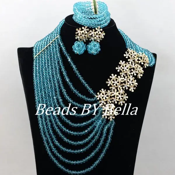 Kingly New 10 Rows Jewelry Set Nigerian Wedding African Beads Blue Crystal Bridal Sets Free Shipping ABF064 | Украшения и