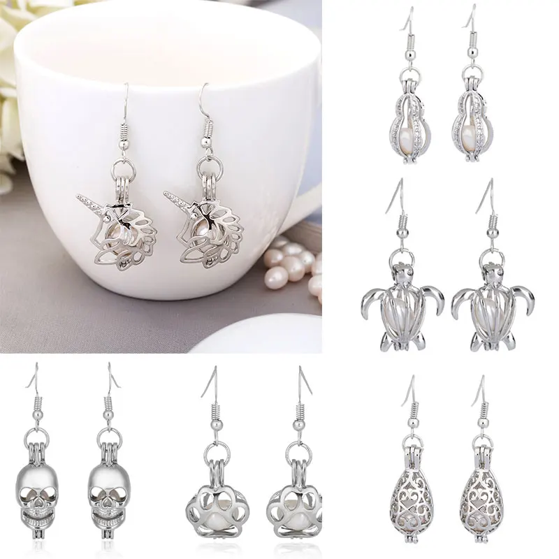 

Pearl Cage Earring Jewelry Unicorn Findings Cage Pendant Essential Oil Diffuser Locket Earring For Oyster Pearl Women Bead