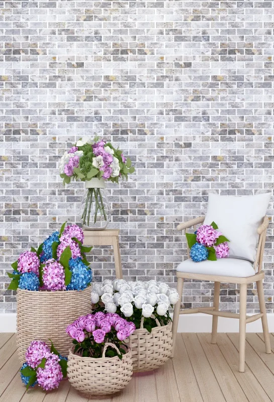 

Laeacco Photography Backdrops Brick Wall Basket Flower Chair Wooden Floor Chair Child Portrait Background Photocall Photo Studio