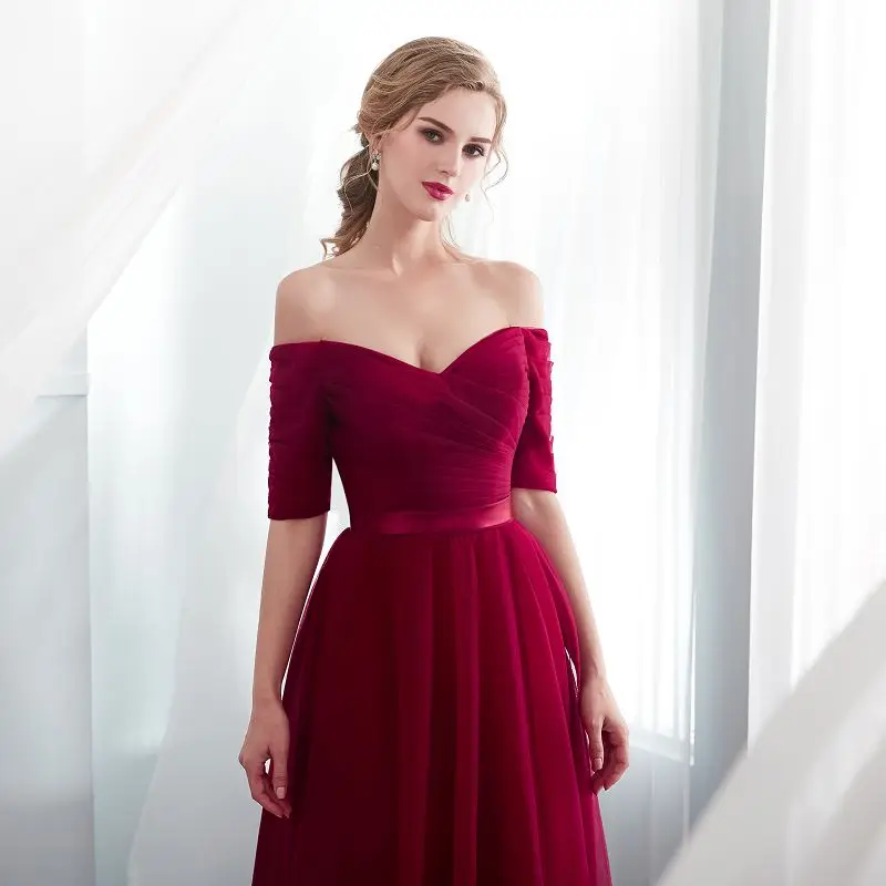 Elegant Burgundy Boat Neck Wedding Party Bridesmaid Dress