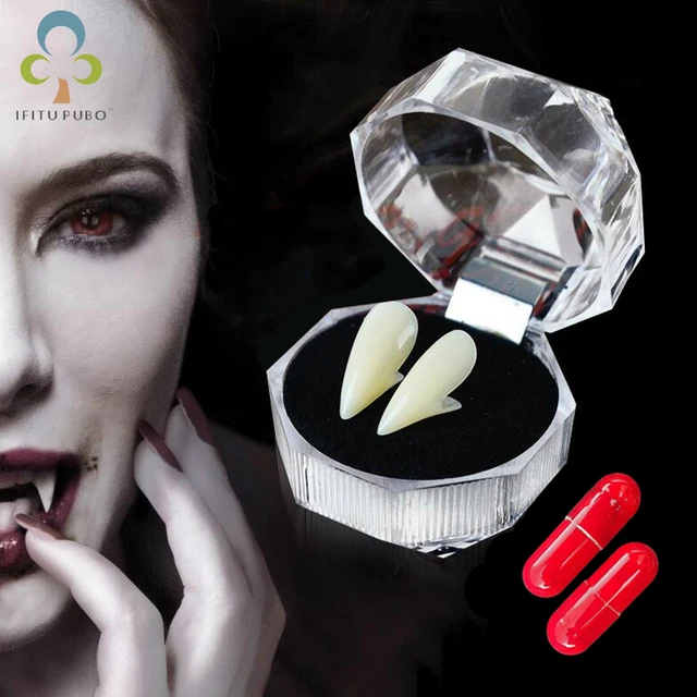 Vampires Teeth with Blood Pills Halloween Dentures Zombie Devil Fangs