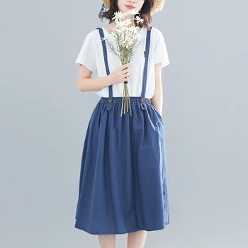 

2020 Linen Cotton Long Strap Skirts Women Elastic High Waist A-line Skirts Overalls Vintage Summer Ladies Skirt Faldas Saia