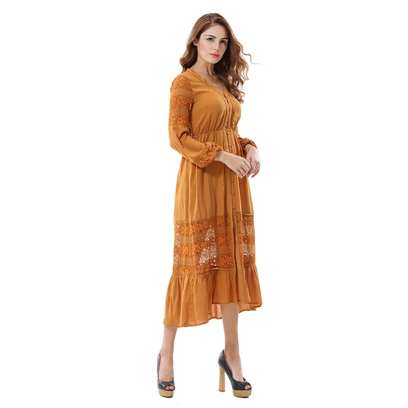 

Women Hollow Out Floral Midi Dress Female Elegant Long Sleeve V Neck Button Up Dress Pleated A-line Casual Party Long Dresses