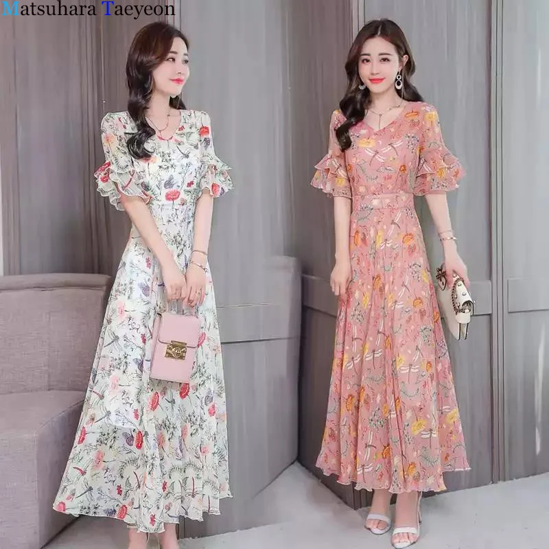 

2019 Summer Floral Hem fork Long Dress Women Flower Print Casual Split Beach Dress Ladies Elegant Cotton Vintage Dresses