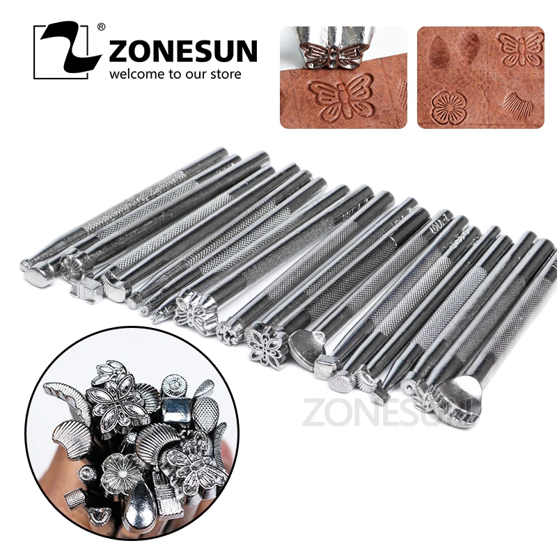 

ZONESUN Stainless Steel Leather Carving Stamps Hammer Beveler Kit DIY Leathercraft Embossed Leather Hand Tools