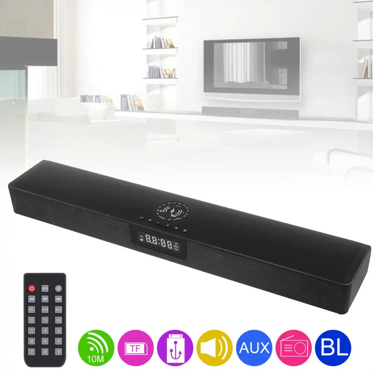 

BS-39B Meeting / Home Theater Bluetooth Soundbar Speaker with Wireless Charging and Alarm Clock for Smartphone / PC / TV