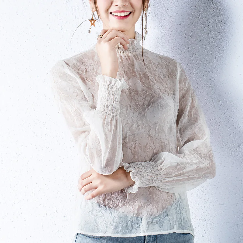 

2019 New Arrivals Female Tops Elegant Long Sleeve Visible Chiffon Shirt Solid Color White Vintage Style Fashion Ladies Blouse