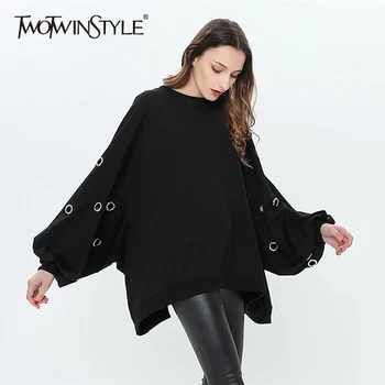 

TWOTWINSTYLE Hole Pullover Female O Neck Lantern Sleeve Irregular Big Size Black Hoody For Women 2020 Spring Harajuku Clothing