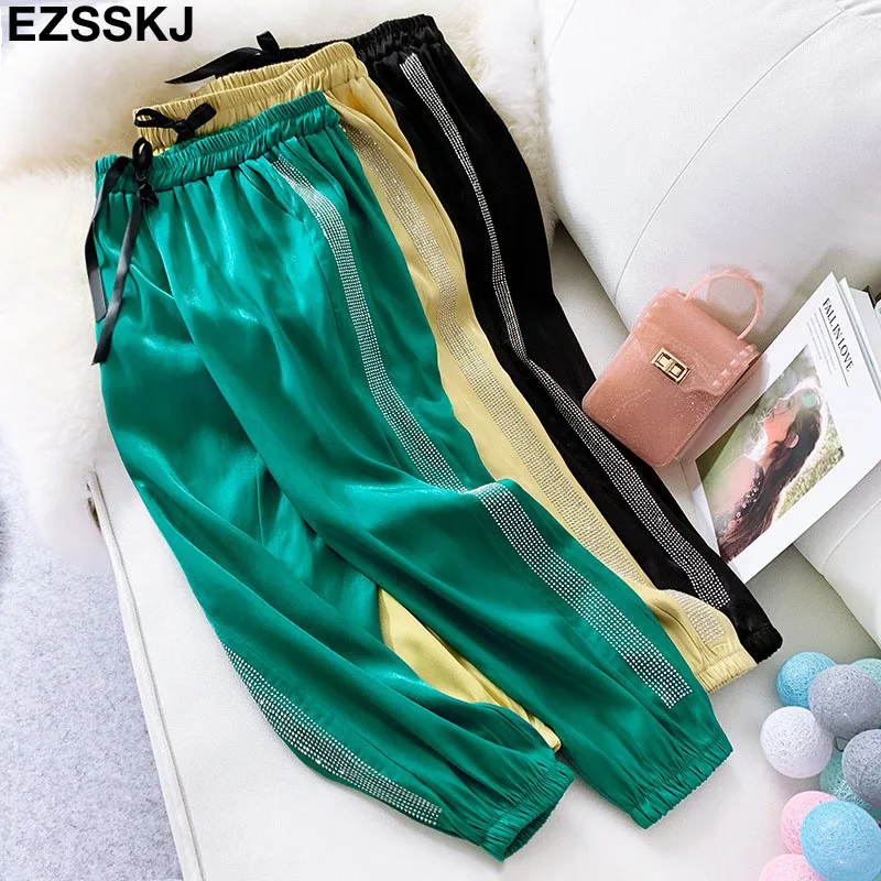 

European 2019 spring summer Trousers new fashion heavy work hot drilling harem pants women casual sequined diamond sports pants