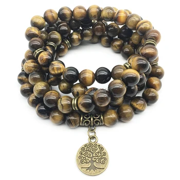 

SN1354 New Arrival Designer Women`s Bracelet Natural 8 mm Tiger Eye Stone Bracelet 108 Mala Tree of Life Yoga Necklace