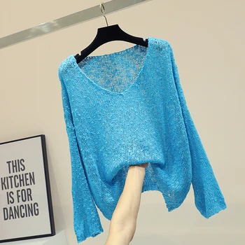 

Loose Female Pullovers Sweaters New Spring Autumn Solid Color V Neck Hollow Out Knitted Top Long Sleeve Women Sweaters