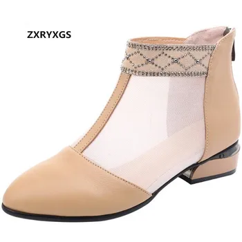 

Elegant Comfort Pointed Women Sandals Summer Boots Fashion Sandals 2019 Low-heel Mesh Cowhide Low-heel Summer Sandals Plus Size