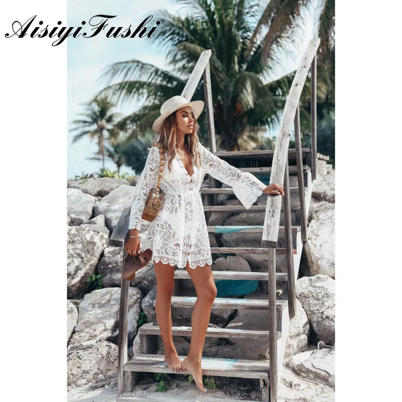 

Aisiyifushi Beach Cover Up Bikini Crochet Knitted Tassel Tie Tassel Tie See-through Lace Dress Summer Women White Beach Dress