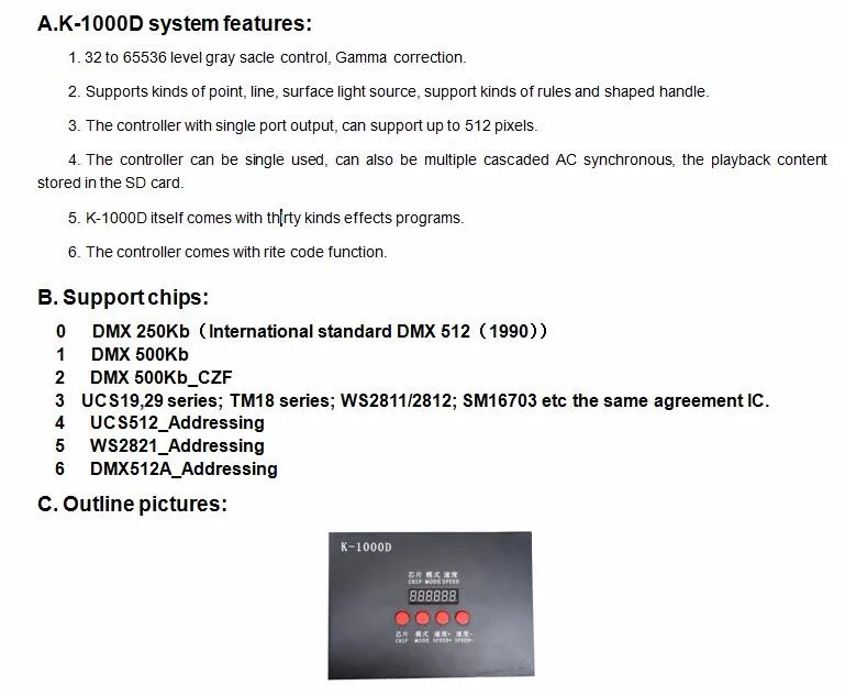 K-1000D, внедорожный светодиодный пиксельный контроллер; с функцией записи адресов; для стандартного чипа dmx512/DMX512AP-N/WS2821A/UCS512.etc