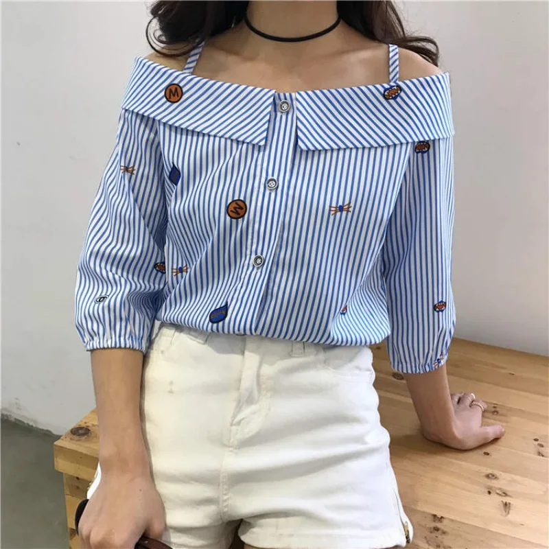 

Spring fashion print embroidered shoulder slash neck blouse new blouse new word spread word long-sleeved shirt striped