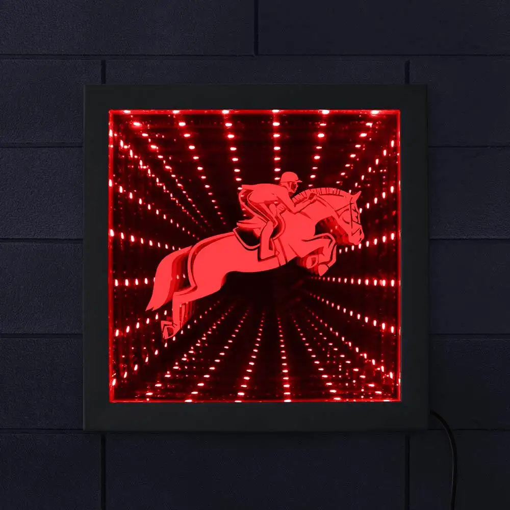 cheap Riding Horse Equestrian Silhouette Color Changing Infinity Mirror Wood Frame Horse Racing Animated Neon Light LED Tunnel Lamp