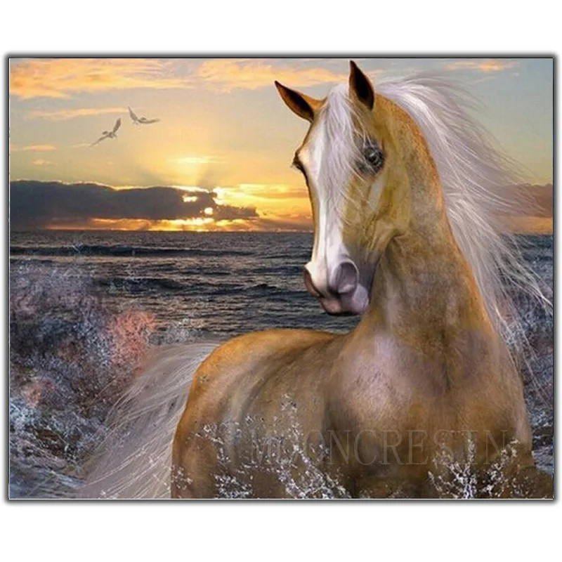 

5D Diy Diamond Painting Cross Stitch Sea Bathing Horse Needlework 3D Diamond Embroidery Full Round Mosaic Decoration Resin Kits